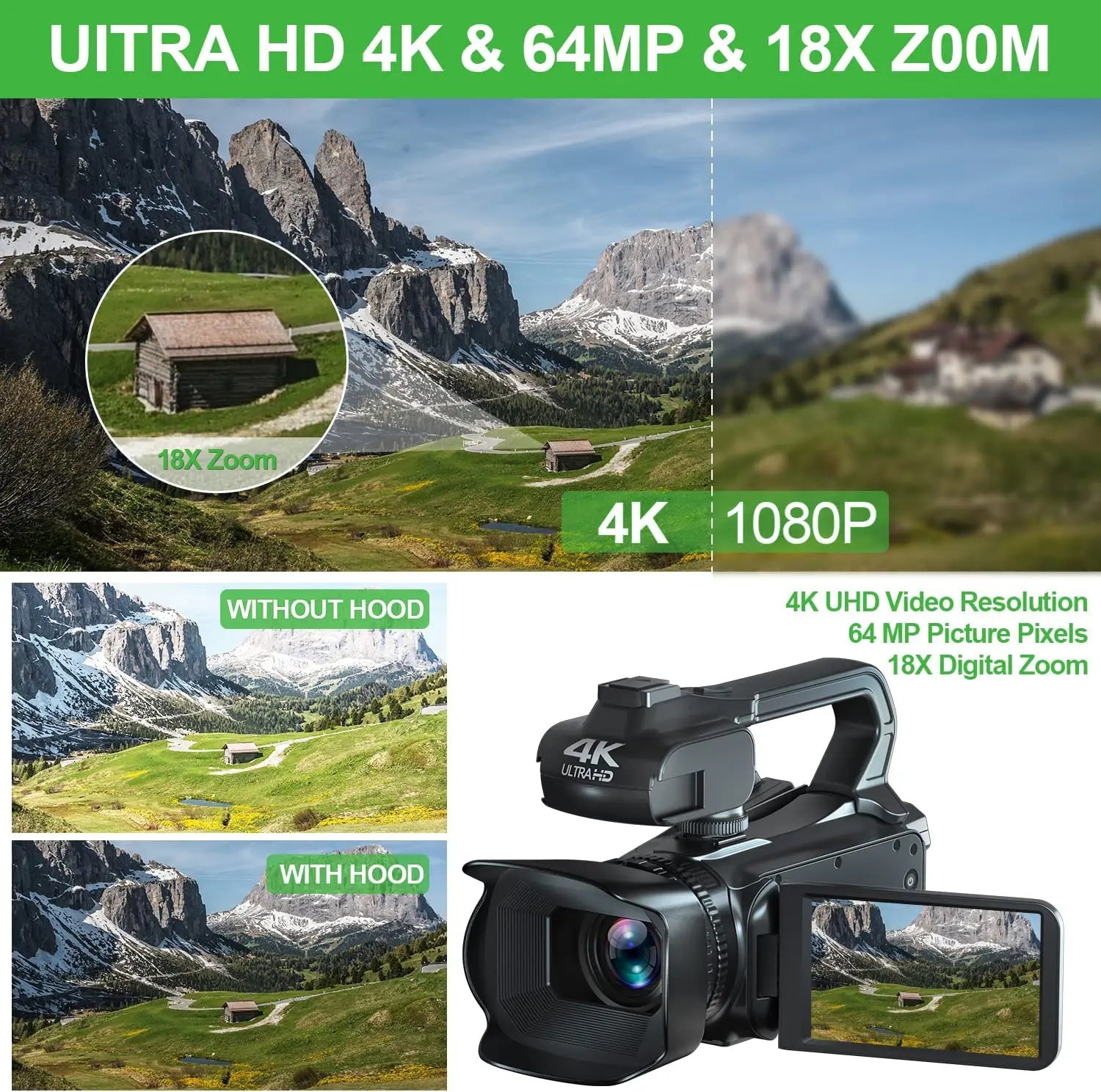 18X Digital Zoom 4K Video Camera Camcorder UHD Vlogging Webcam 64MP with Focus Function 4.0 Inch Touchscreen