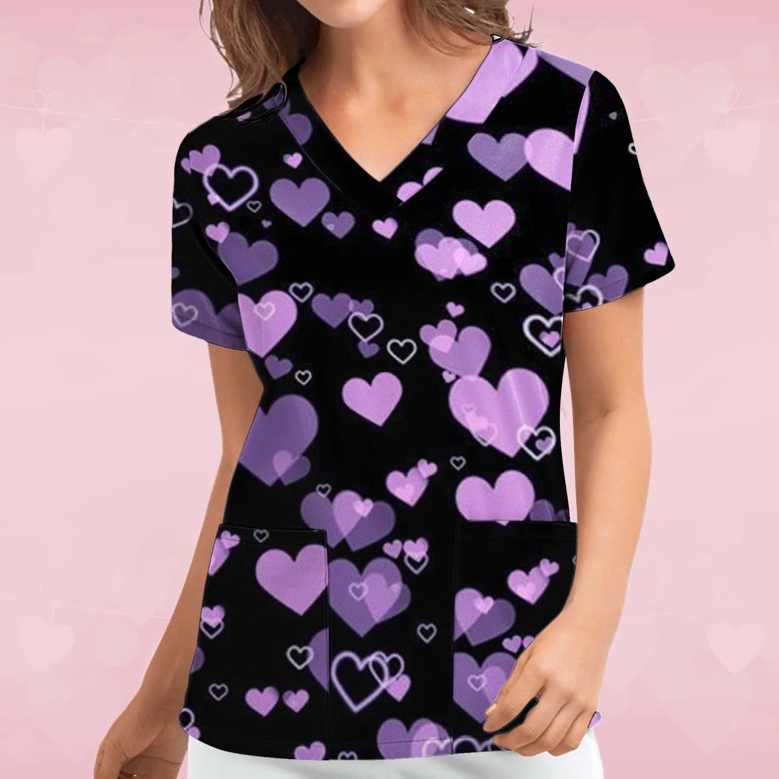 Short-sleeved Top For Nurses V-neck Women Valentine's Day Love Print Uniform Casual Women's Blouse