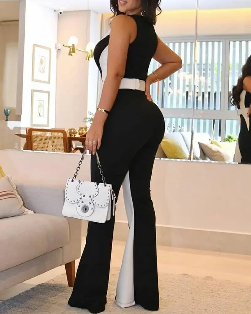 Spring and Summer New Women's Fashion Casual Slim Striped V-neck Black and White Contrast Jumpsuit--without Belt