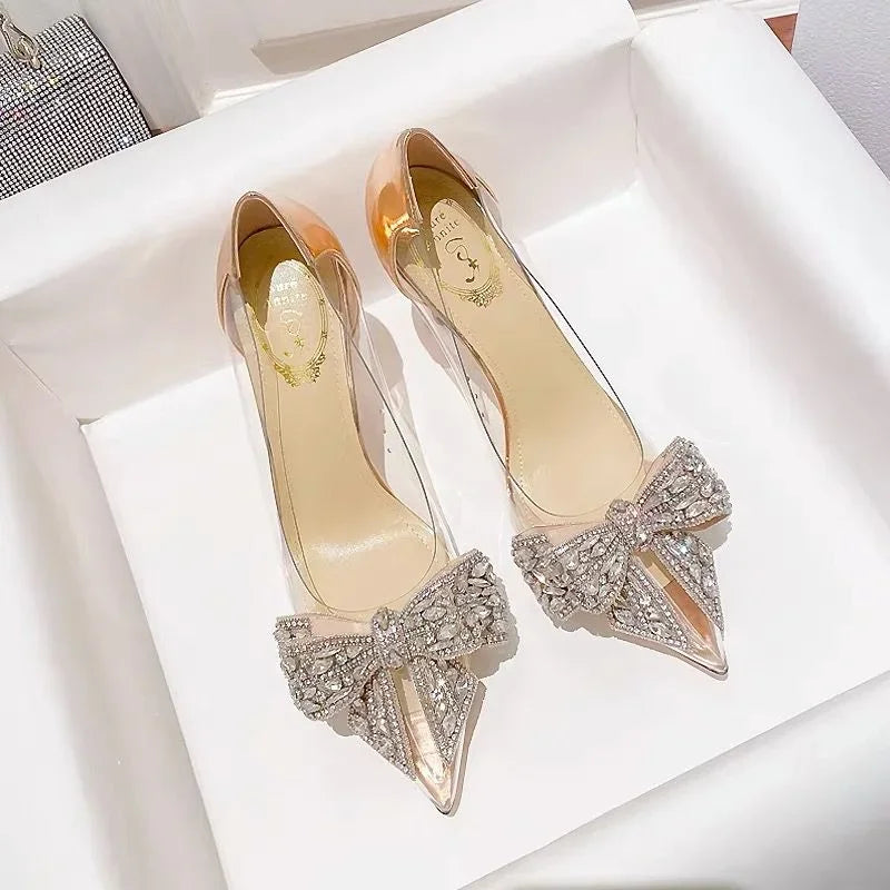 Wpmens Pumps Rhinestone Butterfl-knot Pointed Toe Pumps Wedding High Heels Spring