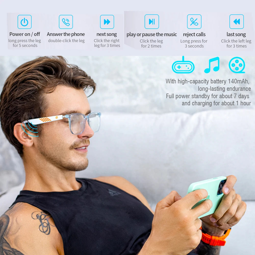 Smart Glasses Wireless Bluetooth Hands-Free Calling Music Headphones With Microphone