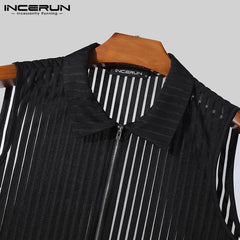 Men Tank Tops Striped Mesh Lapel Sleeveless Zipper Male Vests Transparent Streetwear INCERUN