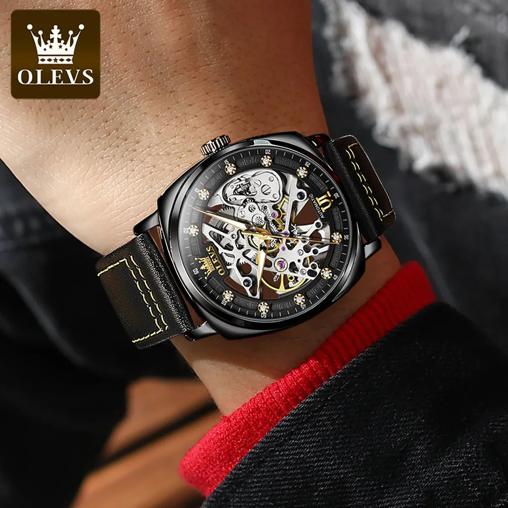 OLEVS Top Luxury Automatic Mechanical Watch Business Leather Strap Waterproof Luminous Watch