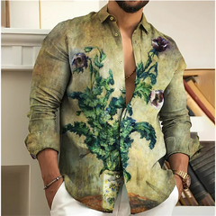 Vintage 2023 Men's Shirt Floral 3D Printing Lapel Long Sleeve Outdoor Streetwear Fashion Dress