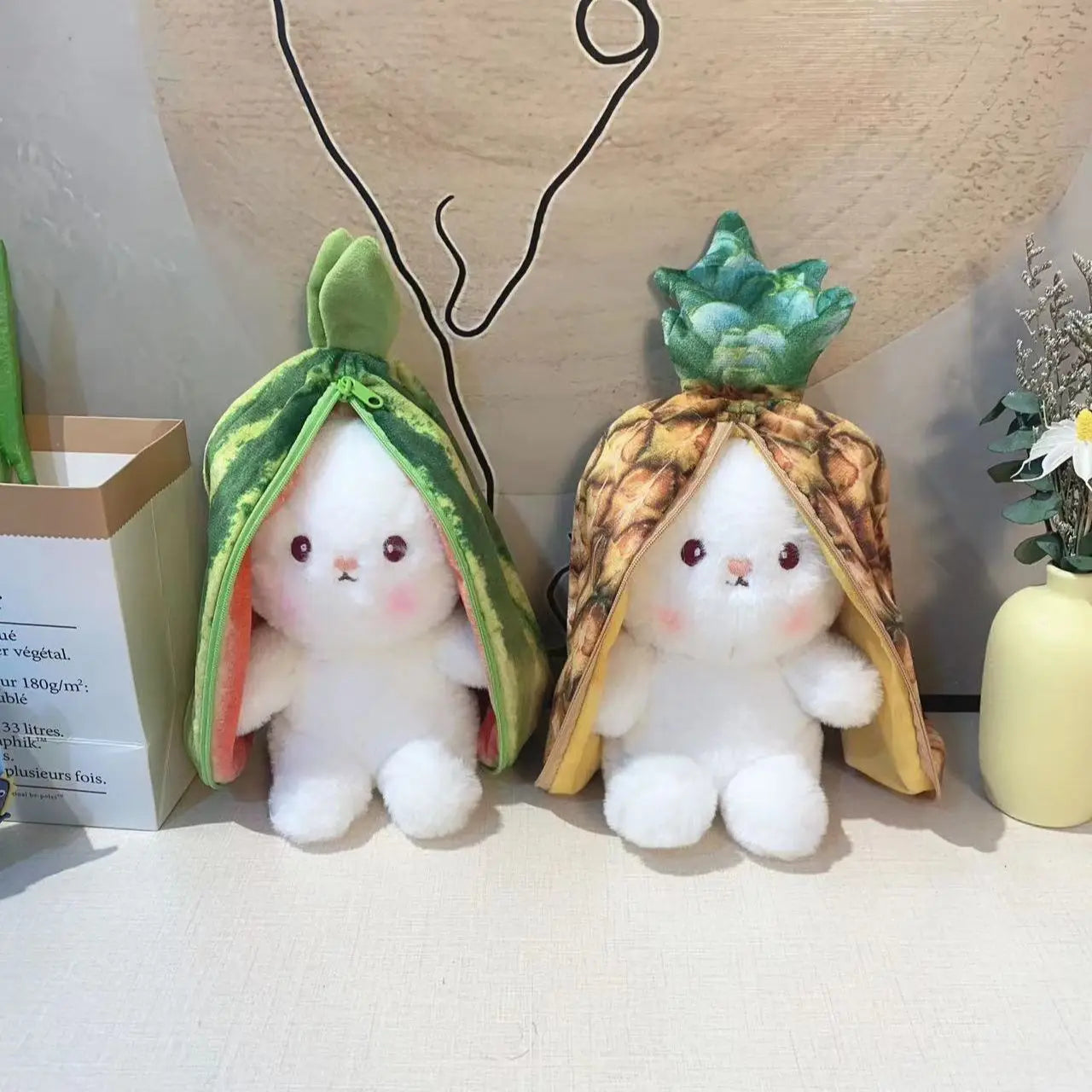 18cm Creative Funny Doll Carrot Rabbit Plush Toy Stuffed Soft Bunny Hiding in Watermelon Pitaya Fruit Bag