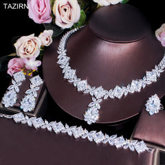 Cubic Zirconia Wedding Bride Floral Jewelry Set for Women CZ Necklace Earrings Dubai Nigeria Crystal Choker Set