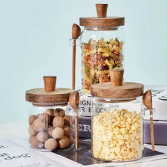 Glass Sealed Jar Five Grains Coffee and Tea Storage Can with Wooden Spoon Seasoning Bottle