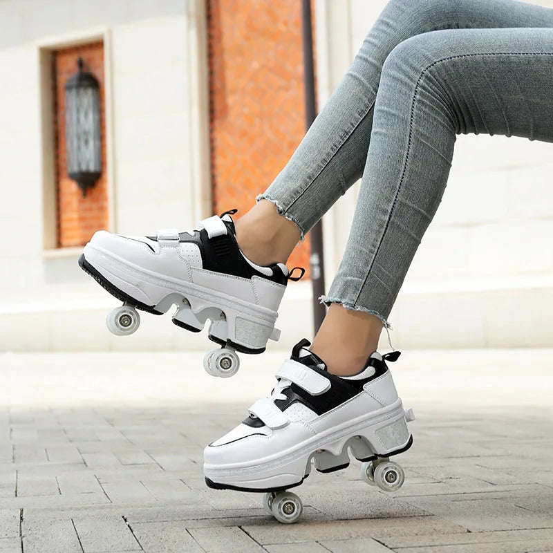 Four-Wheel Dual-Use Skating Shoes Double-Row Roller Student Men's Casual Sneakers Women's Men's Sport Walking Running Shoes