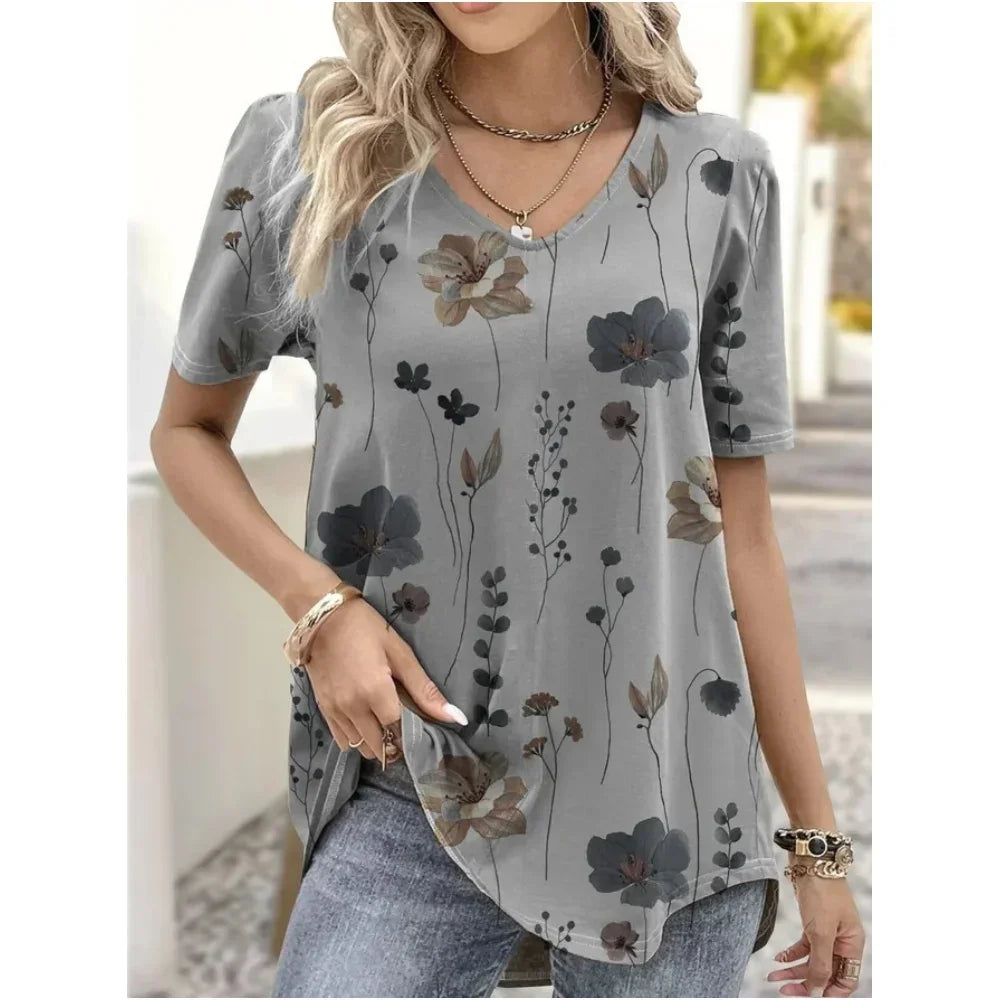 New Women's T-Shirt Summer V-Neck Tee Loose Casual Top Stripes Funny Printed Female Clothing Streetwear Women Pullover T Shirts