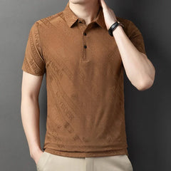 New Summer Popular Ice Silk Jacquard Polo Neck T-shirt Thin High End Trendy Men's Casual T-shirt Polo