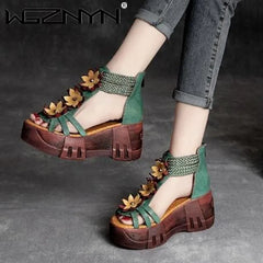 Summer Women Flowers Sandals Genuine PU Leather Open Toe Shoes Casual High Heel Wedges