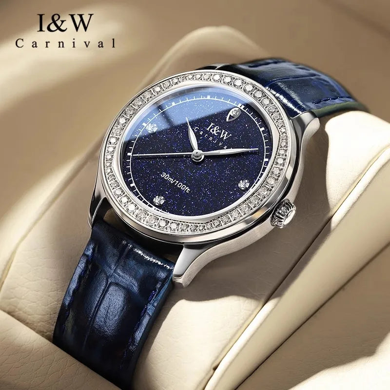 Diamond Blue Dial Quartz Watch Women Simple Premium Leather Strap Luxury Waterproof Ladies Watch