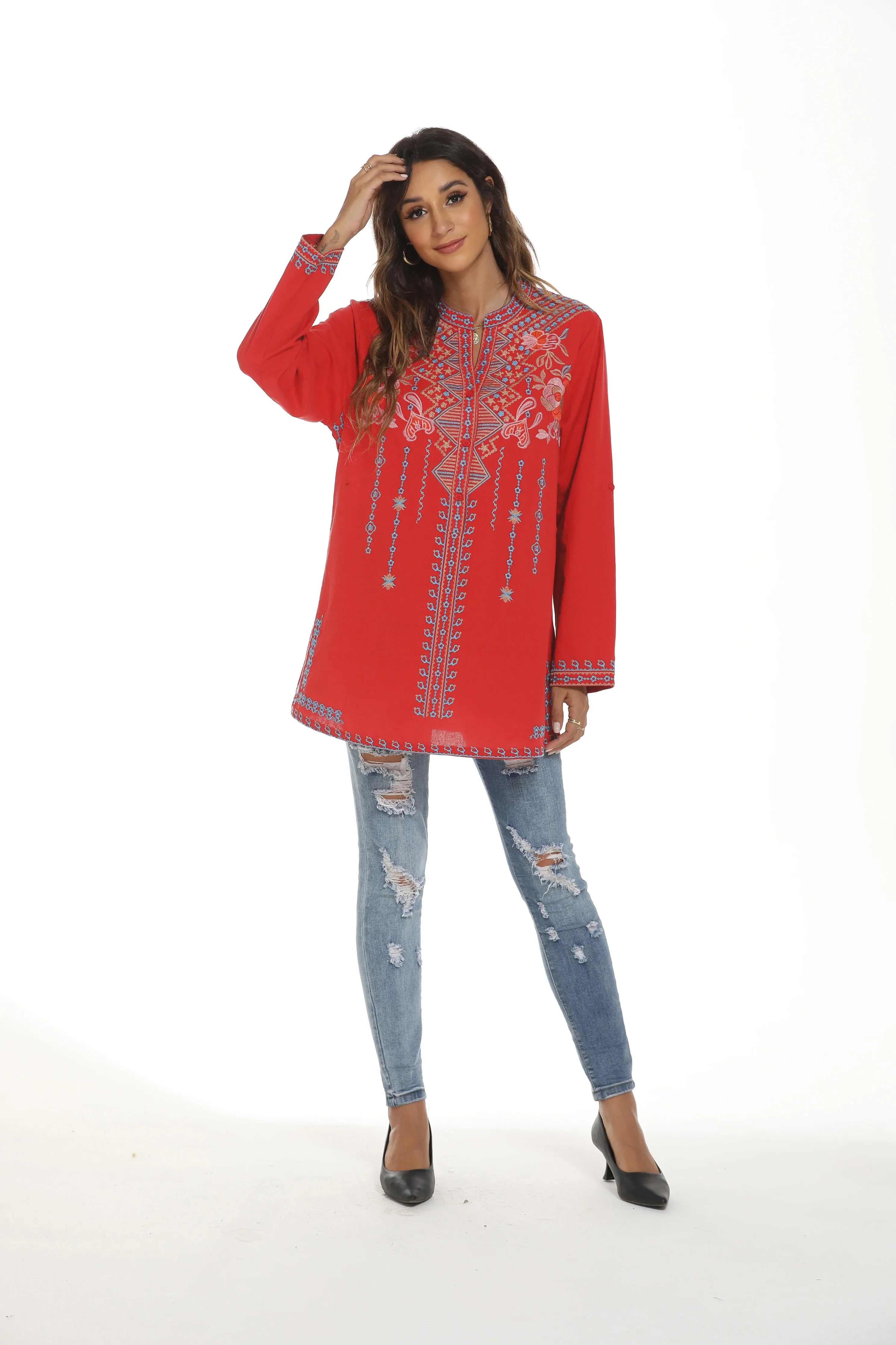 Eaeovni Embroidered Tops Long Sleeve Women's Mexican Boho Peasant Casual Loose Tunic Tops