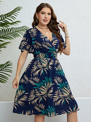 Plus Size Floral Print Wrapped V-Neck Women Dresses