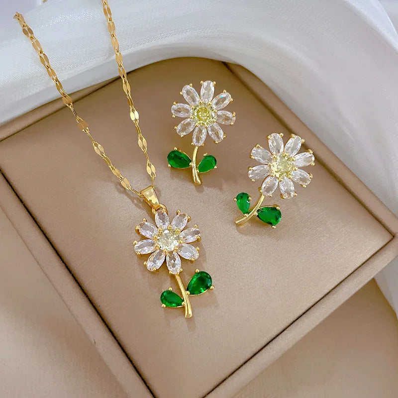 Green Leaf Flower Zircon Necklace and Earrings Set Light Luxury Micro-encrusted Earrings and Necklaces Set