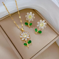 Green Leaf Flower Zircon Necklace and Earrings Set Light Luxury Micro-encrusted Earrings and Necklaces Set