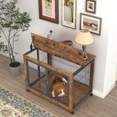 Wooden Dog Crate Table Furniture, Dog Kennel , Flip-up Top Opening and Wheels, Decorative Pet Crate  38.6"L x 25.2"W x 27.2"H