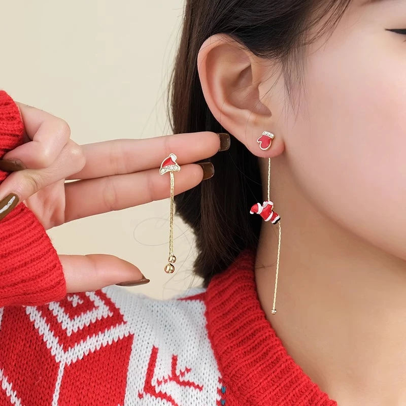 Asymmetric Snowflake Christmas Boot Hat Drop Earrings for Women Moving Santa Claus Long Tassel Earring