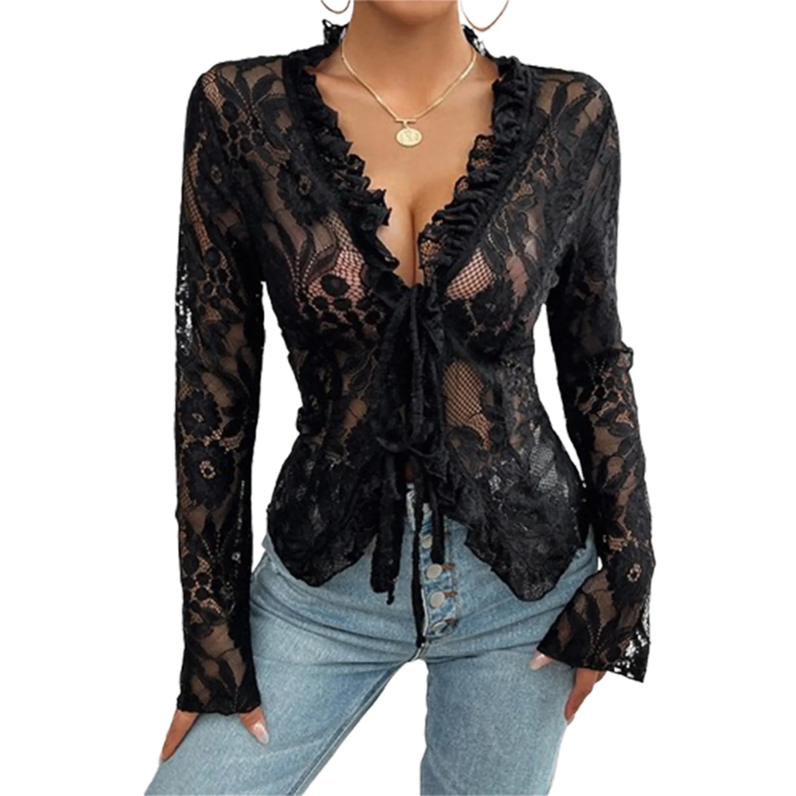 Elegant Floral Lace Long Sleeve Blouse with Front Tie Detail - Stylish Sheer Top for Chic Clubwear and Street Style Fashion