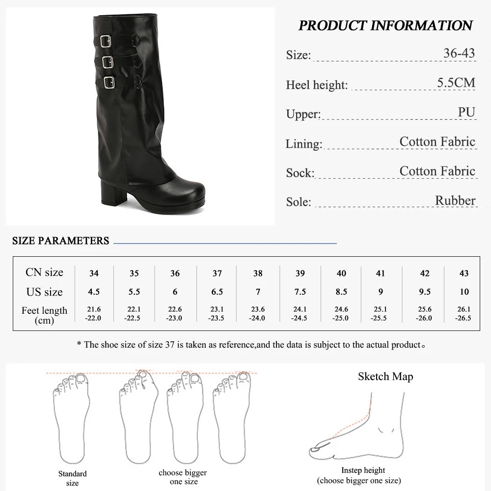 Fashion New Knee High Fold Over Boots Chunky heel Round Toe With Buckle Straps Side Zipper for Fall Winter