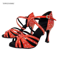 Red Rhinestones Salsa Dance Shoes 9cm Heel