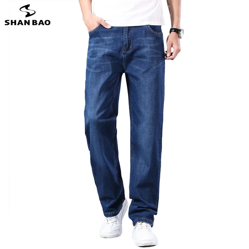 SHAN BAO cotton stretch men's straight loose loose summer thin jeans  spring classic brand casual lightweight jeans blue