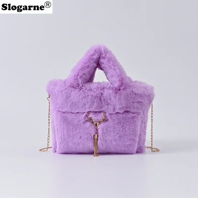 New Women's Faux Rabbit Fur Handbag Plush Shoulder Bag