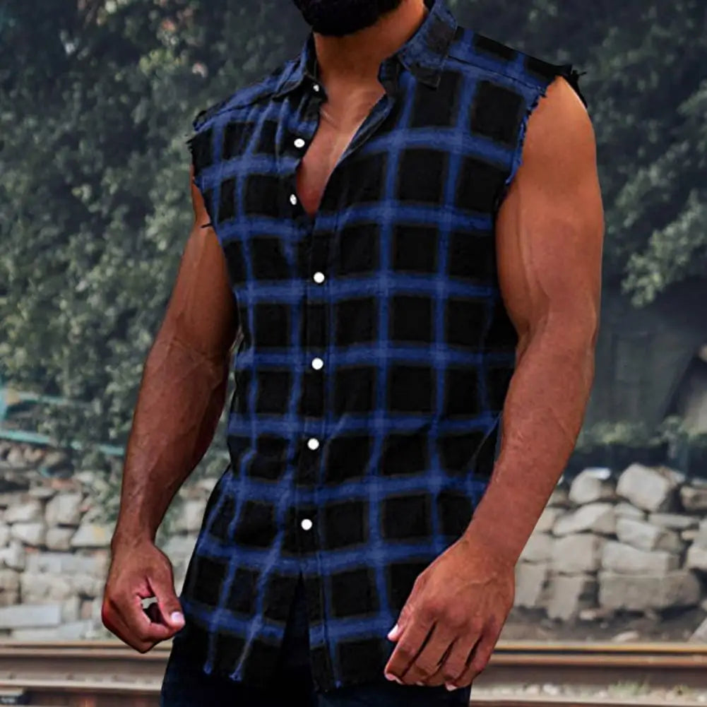 Men's Summer Fashion Casual Plaid Print Sleeveless T Shirt