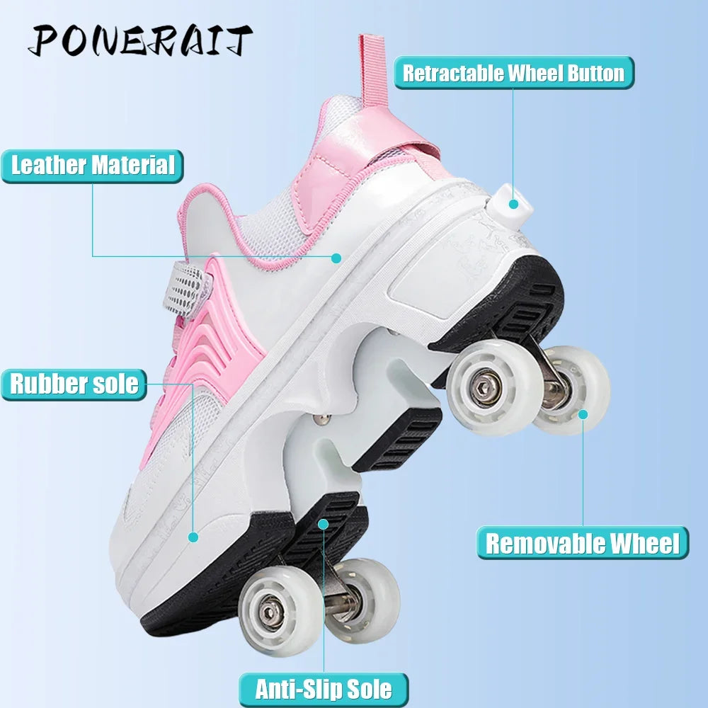 Child's 4-wheel Dual-purpose Roller Shoes Outdoor Kids Deformed Shoes With Wheels Fashion Parkour Sneakers For Girls From Gift