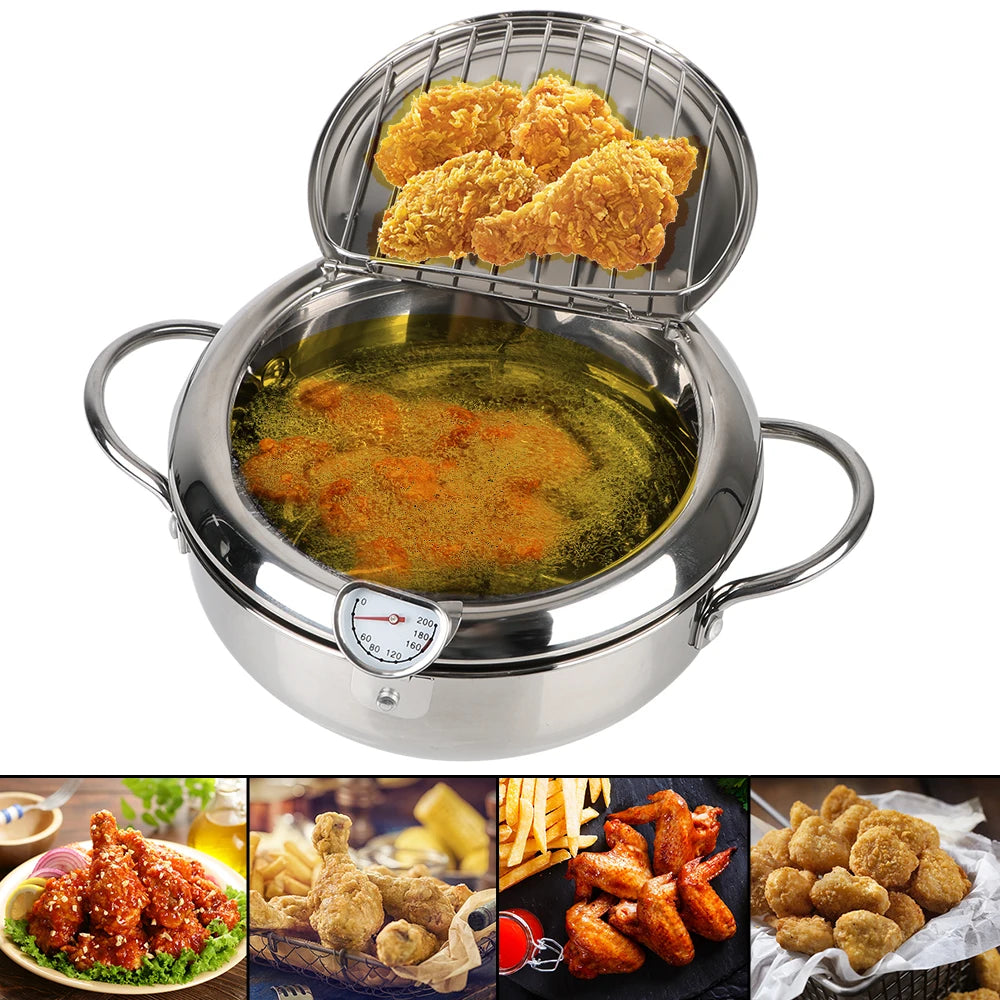 Stainless Steel 2 Handles 2.2L With Thermometer and Lid Tempura Fryer Pan Deep Frying Pot