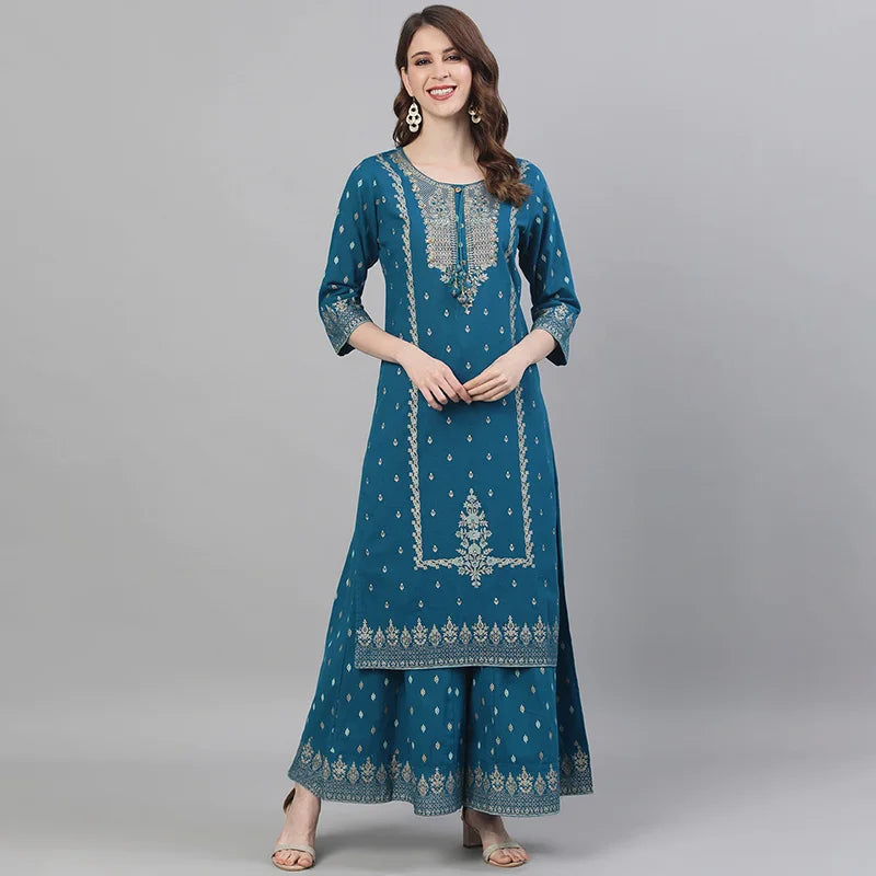 Indian Apparel Women's Ethnic Set 2-Piece Cotton Printed Navy Blue Indian Traditional Dress