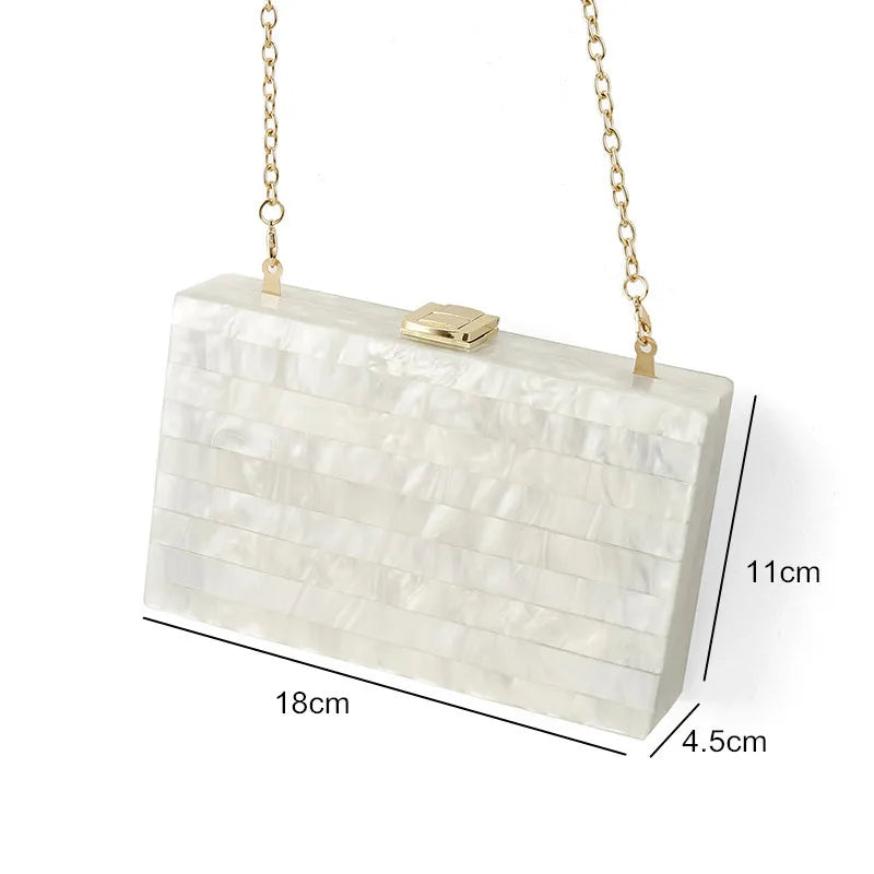 Pearl White Marble Acrylic Clutch Bag Striped Patchwork Luxury Brand Women  Handbags