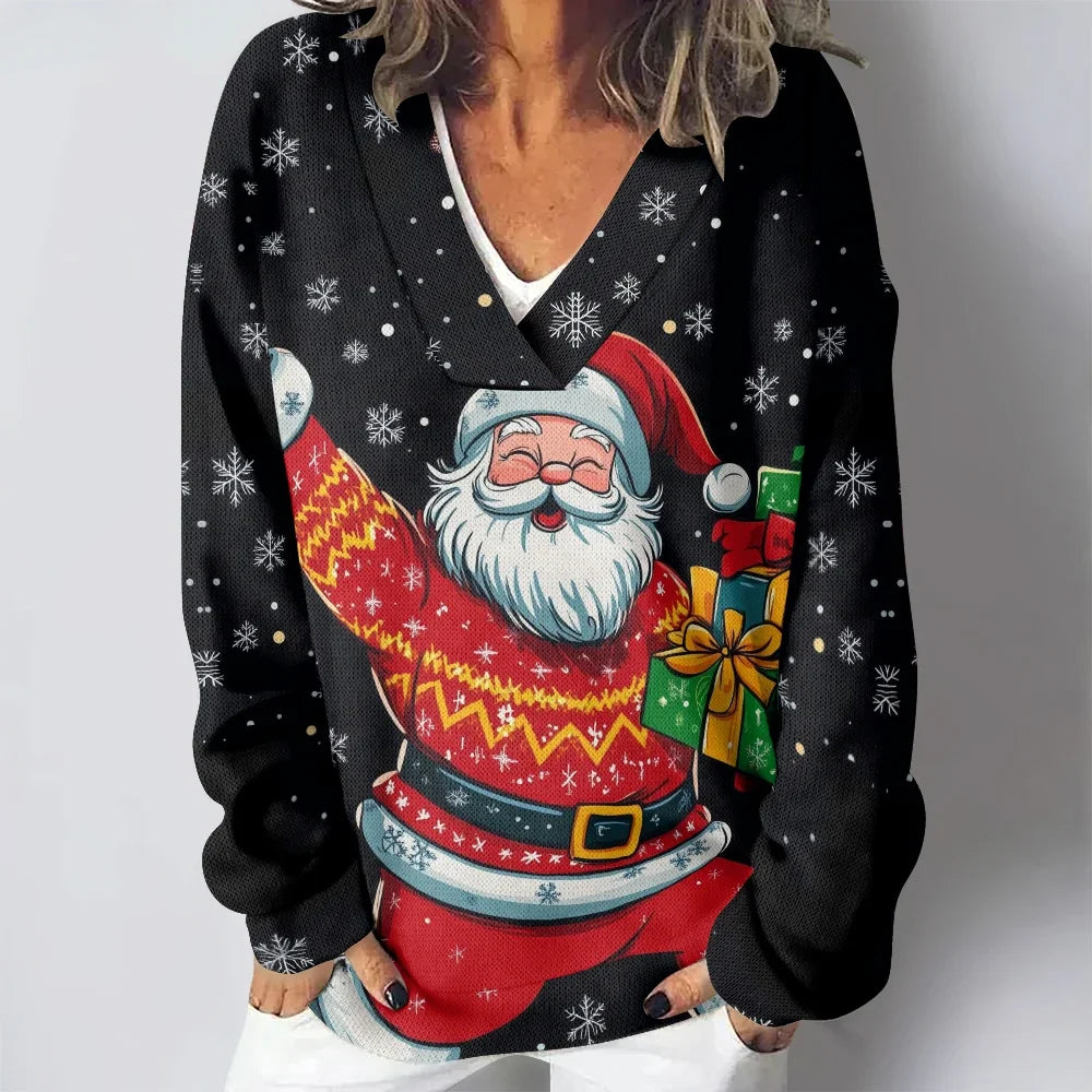 Naughty Santa Claus Print V-neck Casual Sweatshirt Kawaii Winter Classic Hoodie Harajuku Funny Pullovers Women Solf Cozy Tops