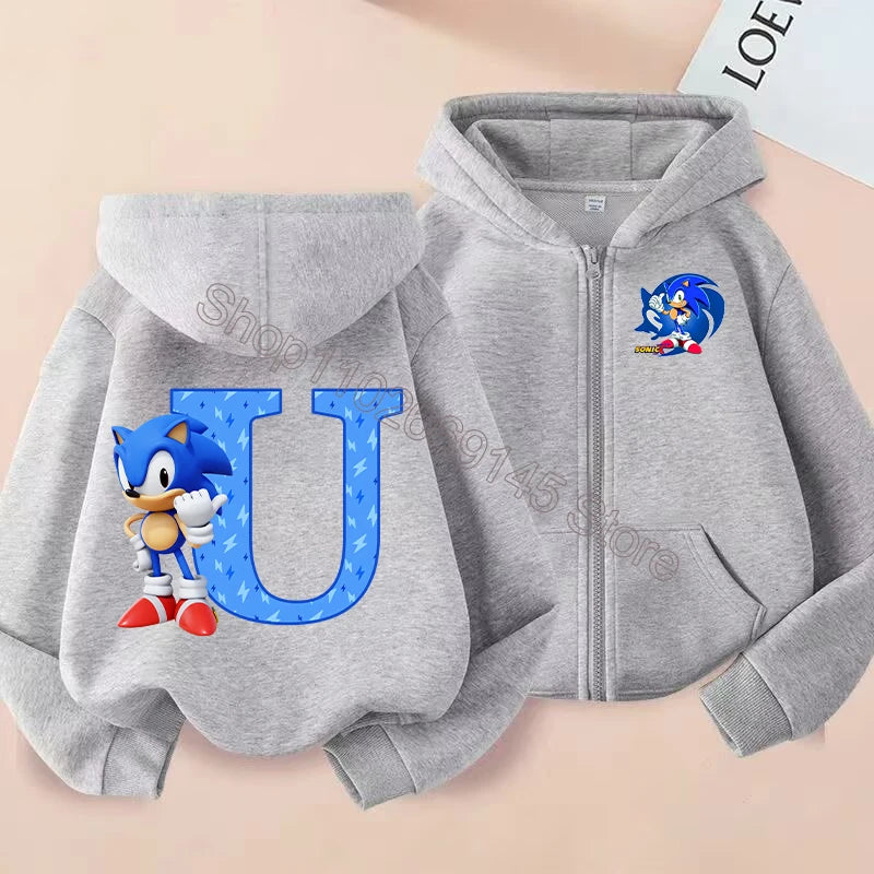 New Sonics Boys Zip-up Hoodies Kids Anime Hoodie Cartoon Letter Printed Tops Winter Warm Jacket Coat Autumn Children Clothing