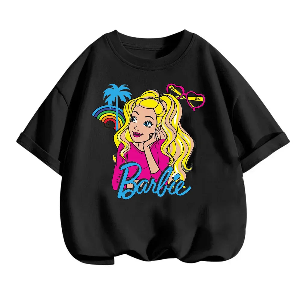 New Kawaii Barbie T-shirt Kids Clothes Girls Fashion Baby Printed Short-sleeved Boys Anime Cartoon Sonic Stitch Stich T-shirts