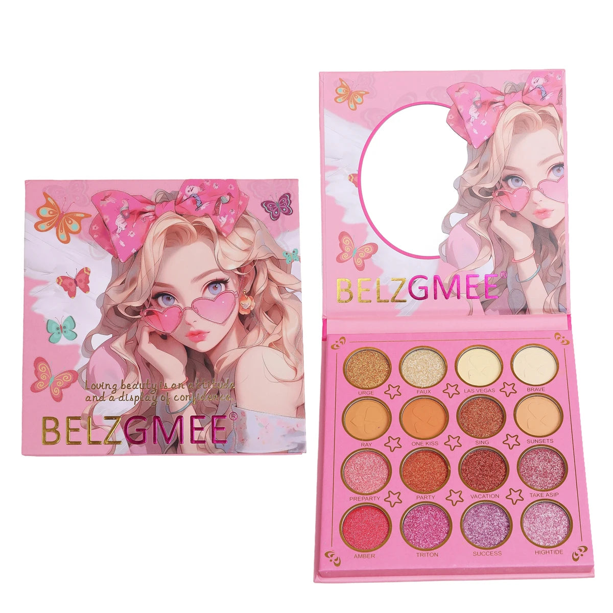 BELZGMEE 16 Colors Portable Matte Eyeshadow Palette Book with Mirror Glitter Shimmer Blush