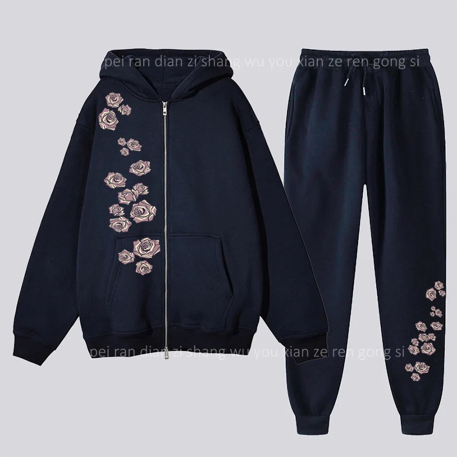 pants Sets Women's Hoodie and pants Two-piece Zipper High Quality Oversize Clothing Aesthetic Rose Graphic PrintFemale Tracksuit