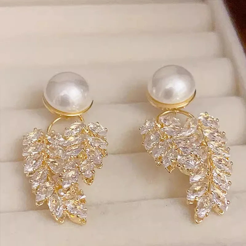 Style Zirconia Wheat Fringe Leaf Earrings Super Flash Needle Earring