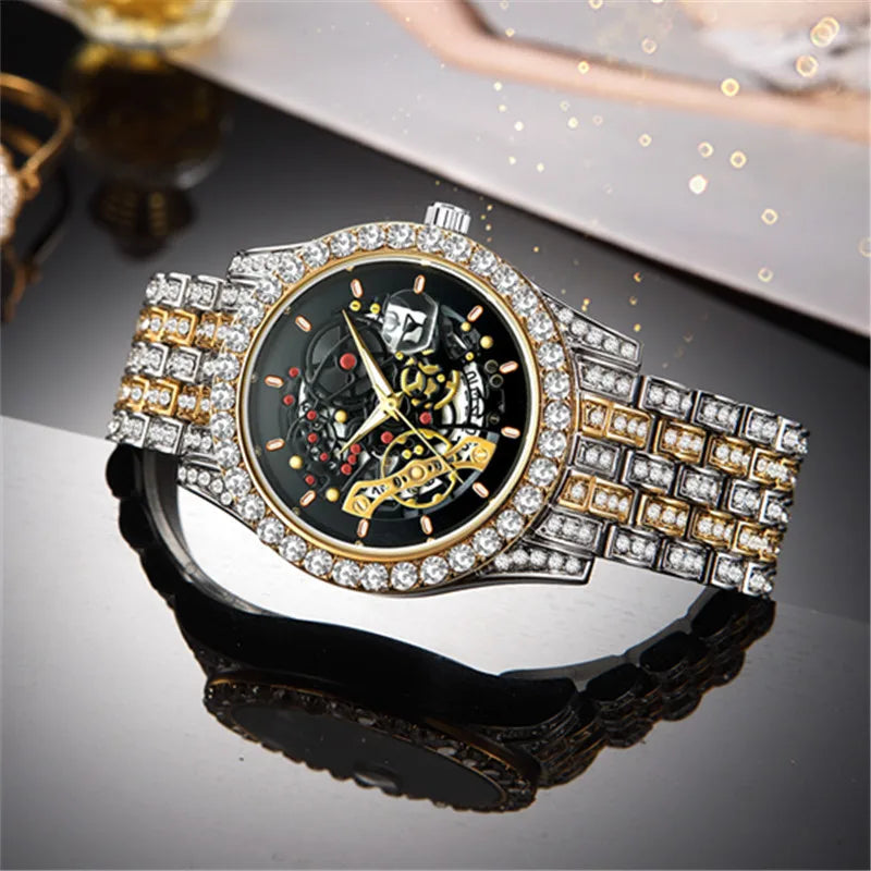 Men Big Brand Skeleton Watches Fashion Alloy Band Luxury Diamond Golden Date Quartz