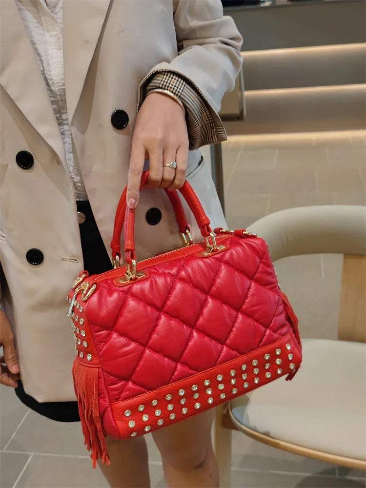 Soft Red Leather Women's Handbags Female Luxury Fashion Tassels Diamonds Rivet Bag