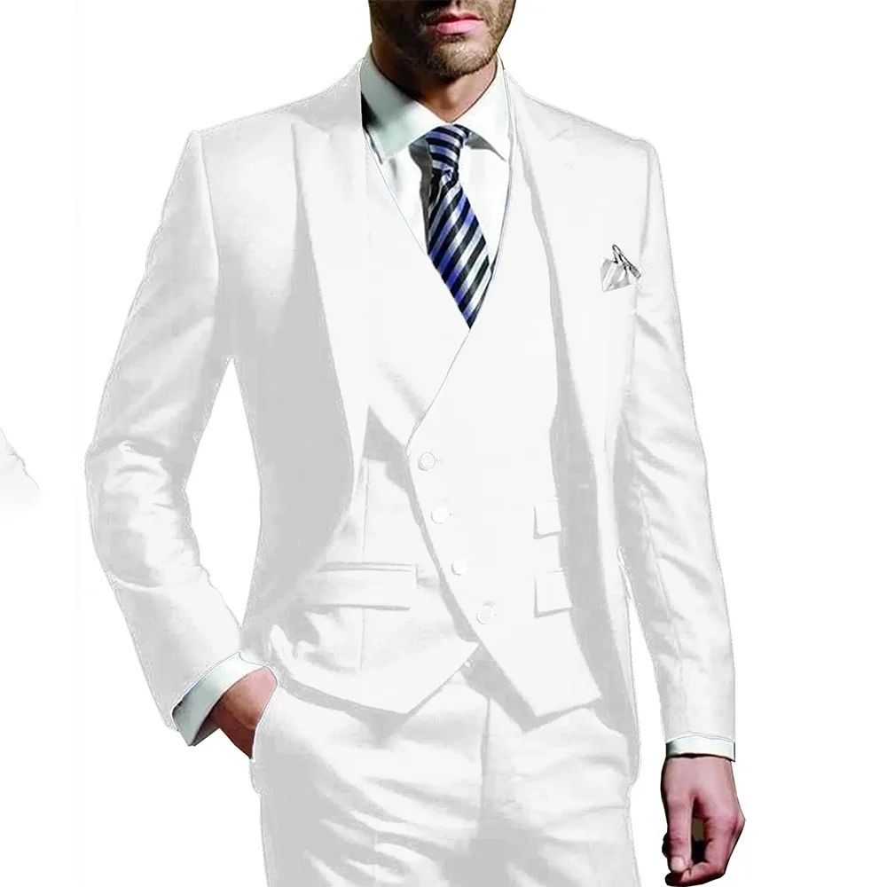 White Men Wedding Suits Groom Wear Peak Lapel Wedding Groom Tuxedos Business Party Suit 3 Pieces (Jacket+Vest+Pant）Costume Homme