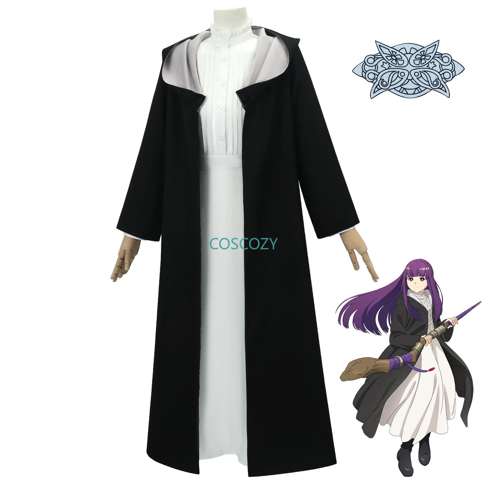 Anime Frieren: Beyond Journey's End Fern Cosplay Costume White Long Dress and Black Robe Purple Wig Headwear Halloween Suit