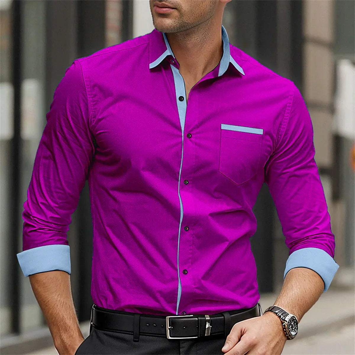 Classic business men's shirt casual breathable solid color long sleeved shirt daily street fashion wearing men's top