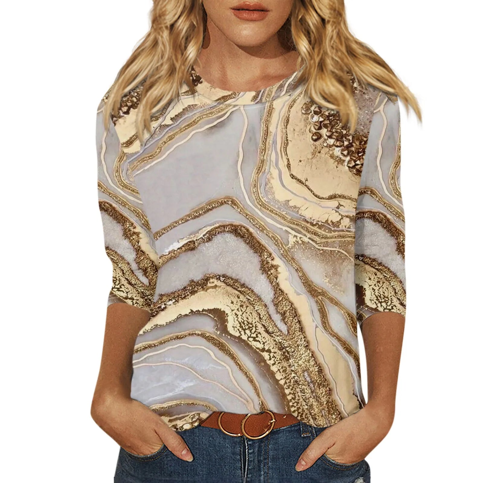 Summer Top Women'S Fashion Casual Round Neck  3/4 Sleeve  Printed T-Shirt Top