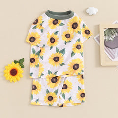 Summer Toddler Girl Sunflower Print Outfit Short Sleeve T-shirt Top Casual Shorts Trendy Baby Clothing Set