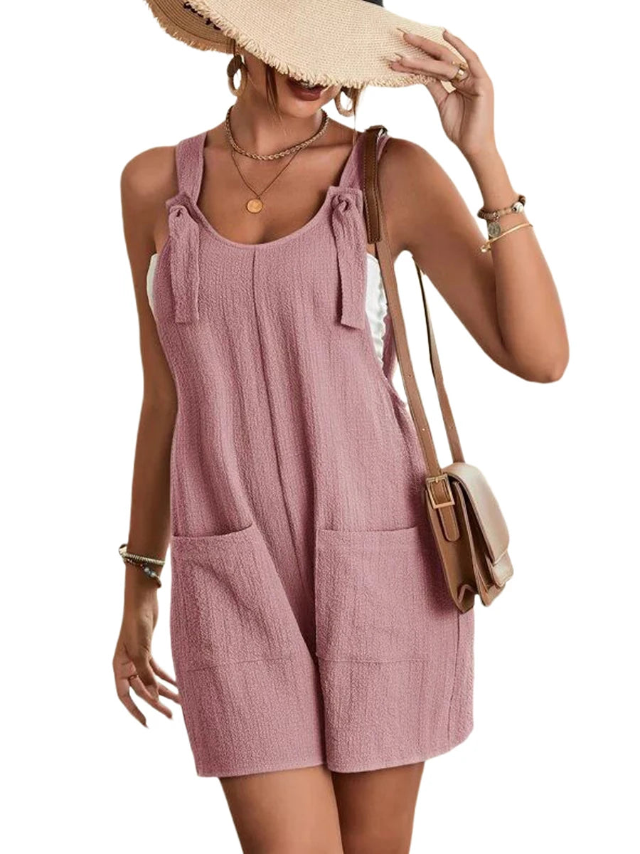 2024 Summer Women's Jumpsuit Overalls Short Loose Sleeveless Wide Leg Overall Solid Casual Daily Basic Romper with Pockets