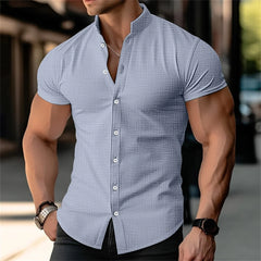 Men's stand up collar printed shirt solid color short sleeved button linen shirt