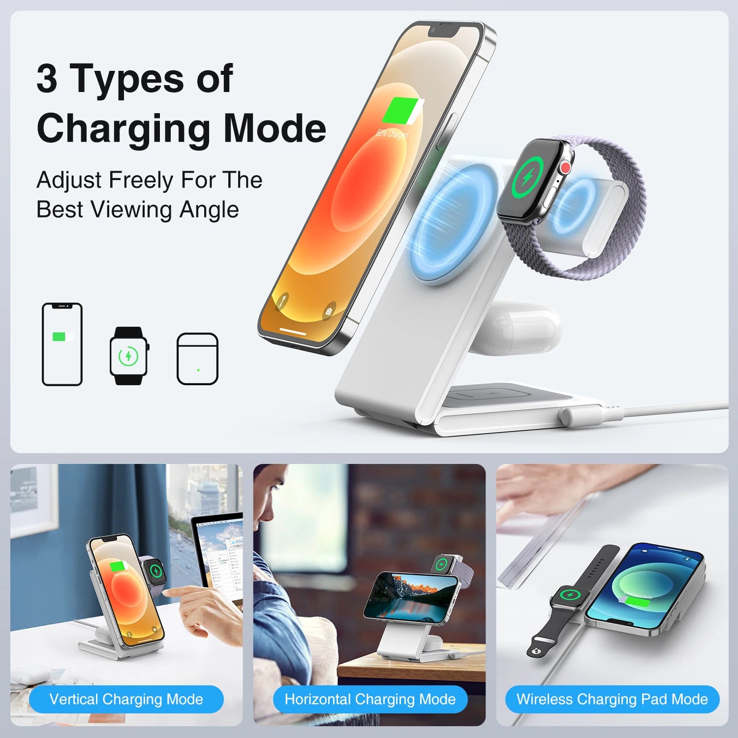 3 in 1 Foldable Wireless Charger Fast Charging Station for iPhone 15 14 Holder Magnetic Charger Stand Dock for Apple Watch S8/7