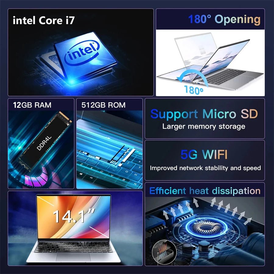 14.1" Windows 11 Laptop Computer Intel Core i7-7500U 12GB RAM 1TB 2TB SSD Notebook 1920*1080 Resolution Office Study PC Computer