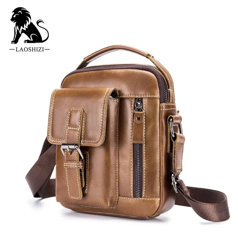 LAOSHIZI Brand Genuine Leather Shoulder Men Messenger s Small Casual Flap Zipper Design Male CrossBody Bag MINI Handbag